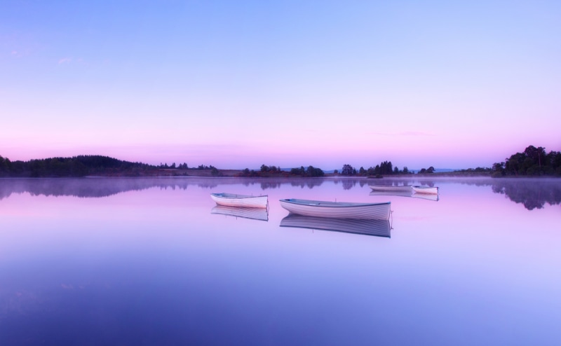 Europe, sunset, astonishing, Calm, trossachs, moored, clear sky, Boats, remarkable, lochrusky, water, 4K, reflection, scenics - nature, white, purple