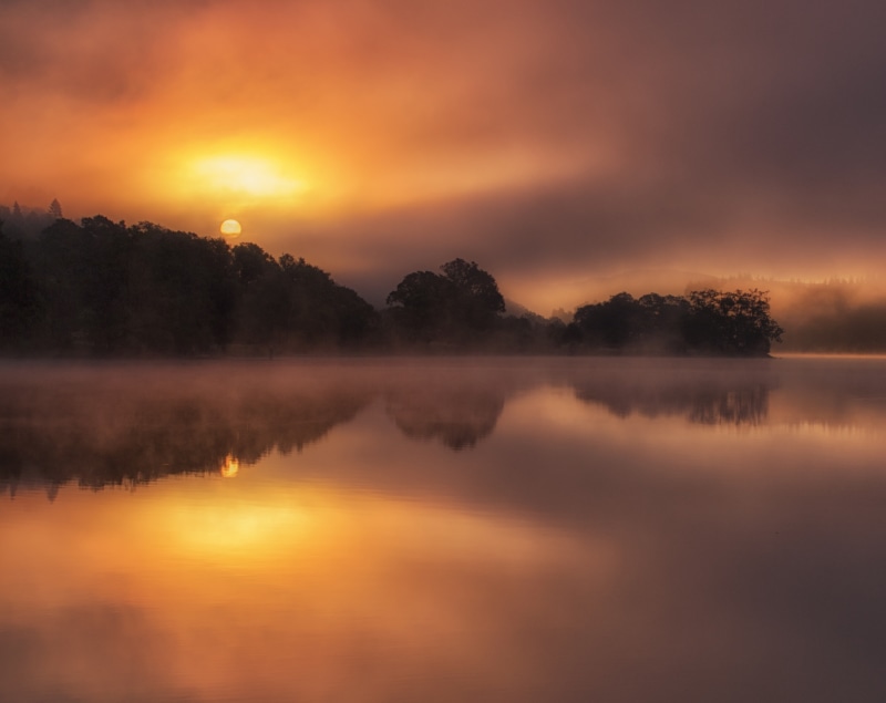 outdoors, united kingdom, tranquil scene, Forest, Loch Achray, sunset, Lakes, cloud - sky, Lake, visit, Scotland, tree, light, Scene, Outdoor, places, achray