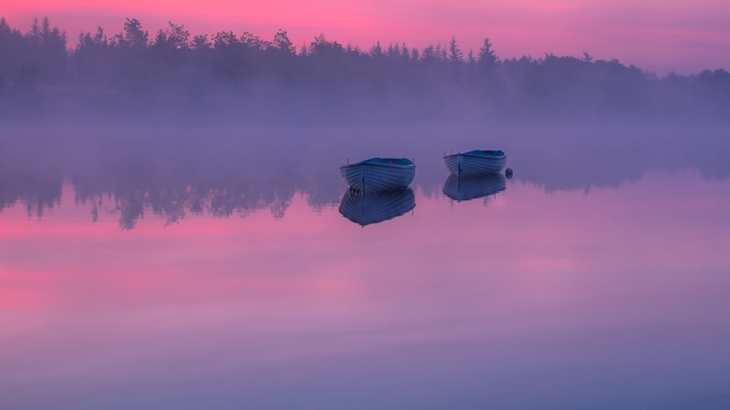 reflection, Sunrise, body, Highlands, canoe, golden, water, lake, two, boats, Trossachs, body of water, hour, golden hour, 2K, Loch Rusky, Scotland, nature