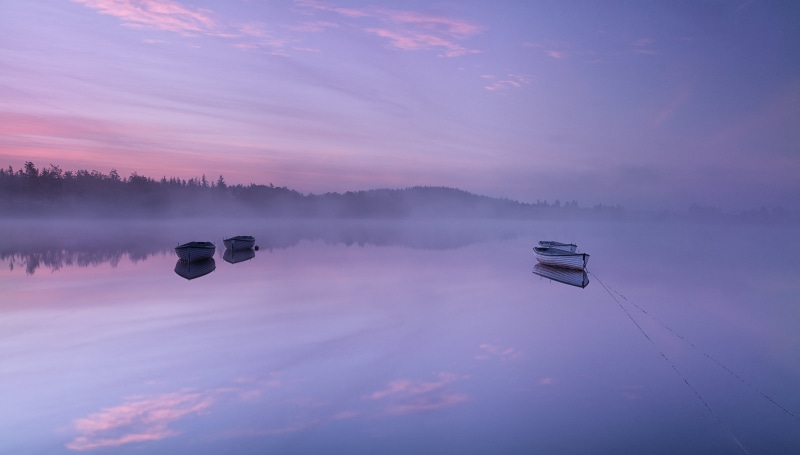 morning, cloudy, landscape, boat, Breath, body, Scotland, sky, 5K, Trossachs, nature, white, water, body of water, mist, sunset