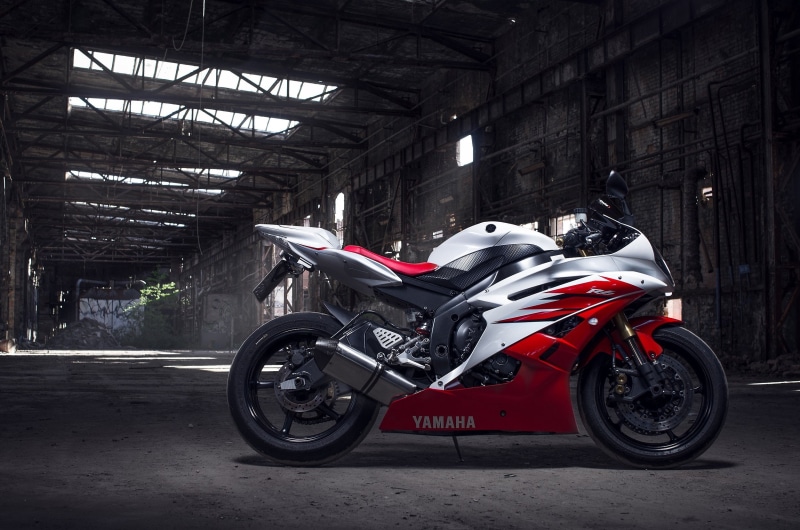transportation, outdoors, yamaha r6, red, built structure, building exterior, street, no people, helmet, day, headwear, sport, motorcycle, road, stationary