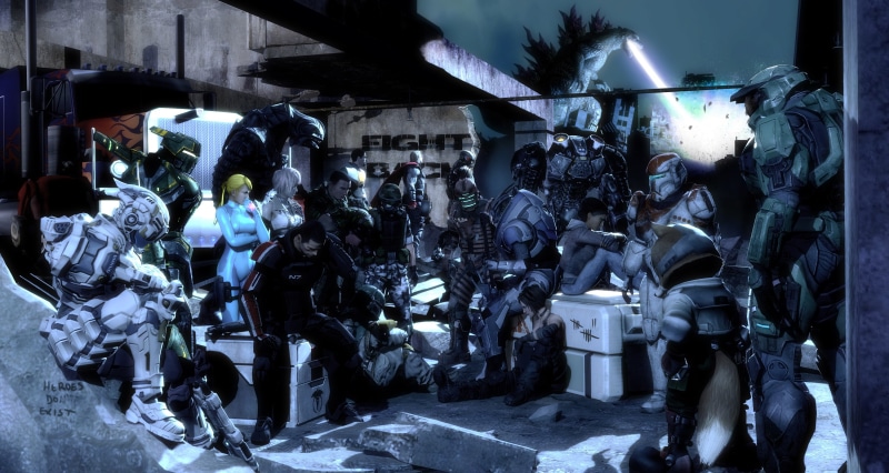 game, large group of people, Boba Fett, uniform, 2K, group of people, men, group, human representation, crowd, Godzilla, Master Chief, sculpture, Halo