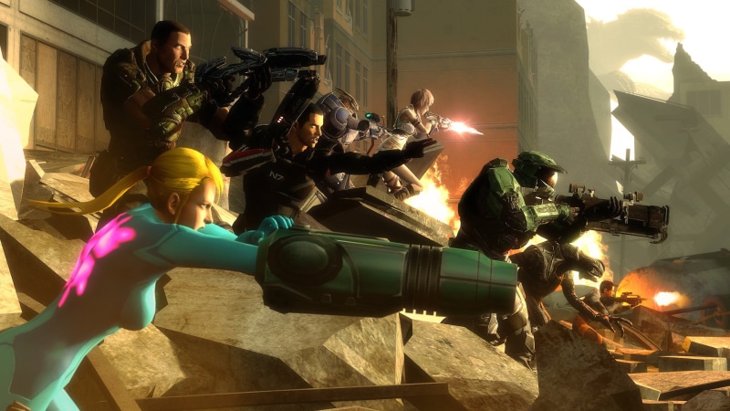 render, statue, Commander Shepard, people, Samus Aran, men, game, Garrus Vakarian, sunlight, CGI, group of people, built structure, Gordon man, Master Chief