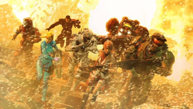 arts culture and entertainment, strength, Zero Suit Samus, Commander Shepard, cooperation, people, group, sport, fantasy, sky, group of people, effort