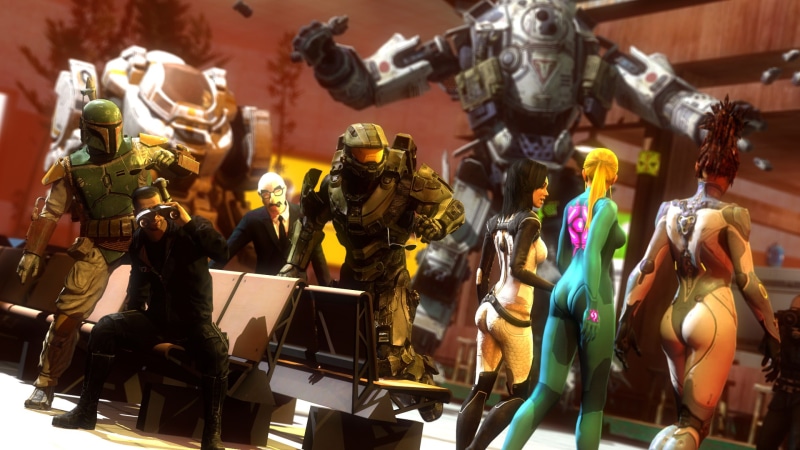 statue, indoors, large group of objects, character, metroid, for sale, titan, Miranda Lawson, halo, art and craft, retail display, samus aran, retail, representation