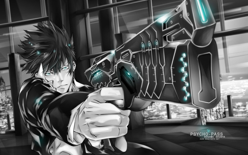 technology, real people, window, sofa, white, illuminated, anime, Kougami Shinya , chair, home interior, Psycho-Pass, clothing, 720P, men, side view, holding