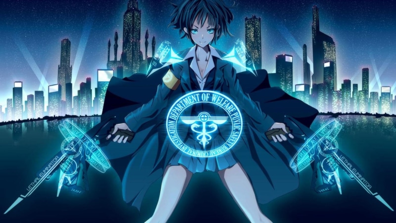 illuminated, anime girls, business, Psycho-Pass, adult, finance, office building exterior, building exterior, digital composite, cityscape, three quarter length