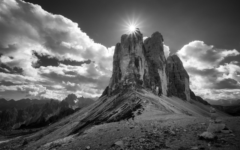 landscape, rays, nature, clouds, sun, sun rays, italy, mountain, summer, monochrome, alps, 2K