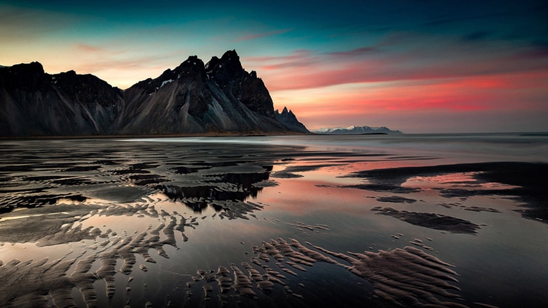 sunset, sea, desktop, hd, sand, mountains, coast, 2K