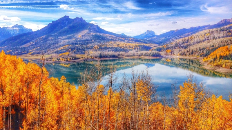 states, blue, leaves, trees, yellow, hd, united, 2K, lake, forest, sky, mountain, autumn, colorado, desktop