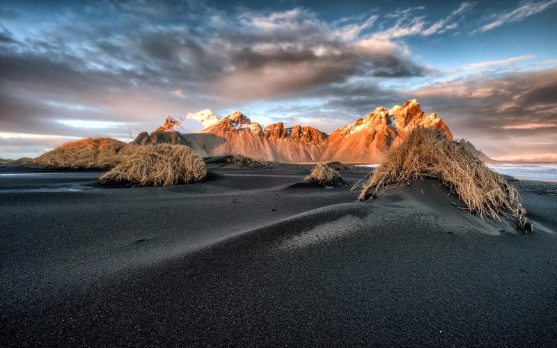 landscape, sand, no people, idyllic, dry, 4K, vesturhorn, environment, rock - object, rocky, land, scenics - nature, solid, sky, dark, grass, cloud - sky