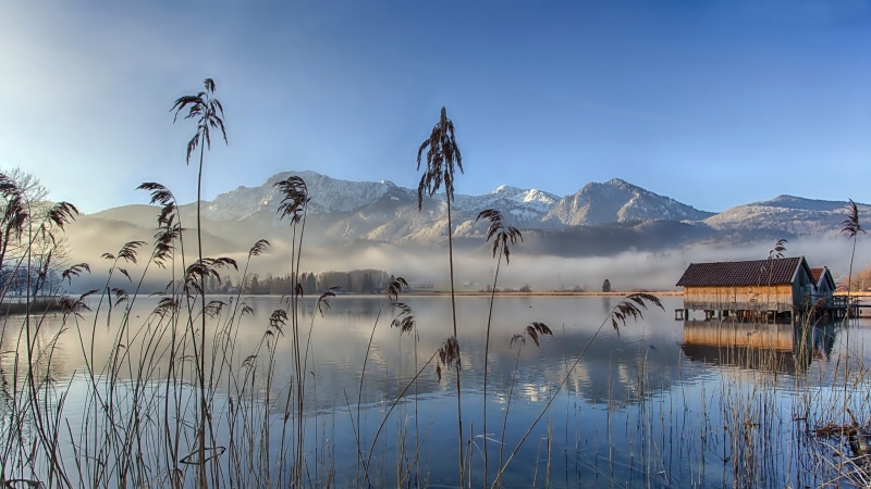 desktop, snowy, mountains, houses, fishing, fog, lake, reeds, wooden, 2K, hd, evaporation, cane