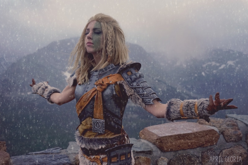 5K, mountains, The Elder Scrolls V: Skyrim, mountain pass, model, April Gloria, cosplay, The Elder Scrolls, makeup, Mjoll the Lioness (Skyrim), women