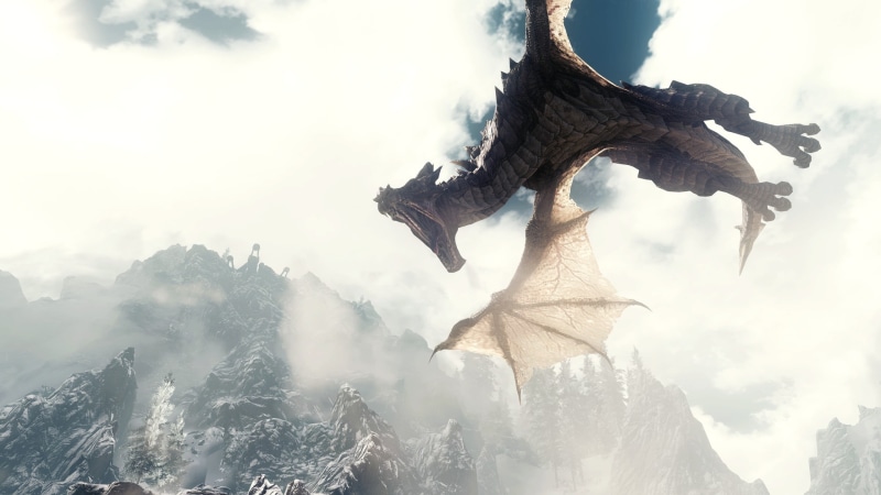 beauty in nature, mountains, day, tree, The Elder Scrolls V: Skyrim, travel destinations, tranquil scene, representation, no people, dragon, nature, 2K