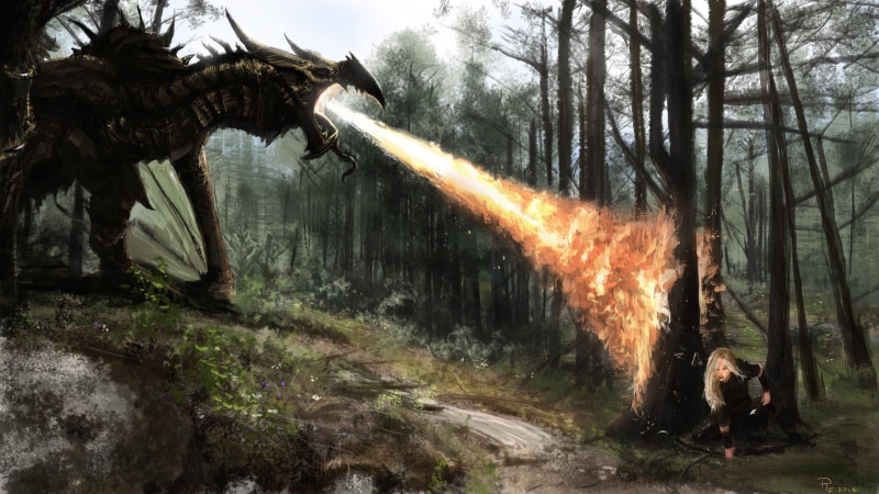 bonfire, video games, dragon, flowing, plant, danger, flowing water, land, exploding, burning, growth, long exposure, real people, hiding, nature, The Elder Scrolls V: Skyrim