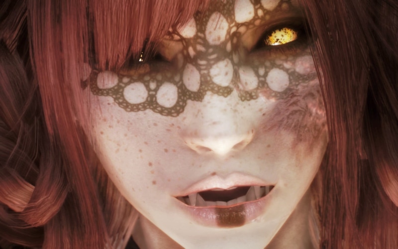 indoors, mouth, v, long hair, human face, scrolls, portrait, hairstyle, human teeth, mouth open, adult, demon, beauty, women, digital art, 720P