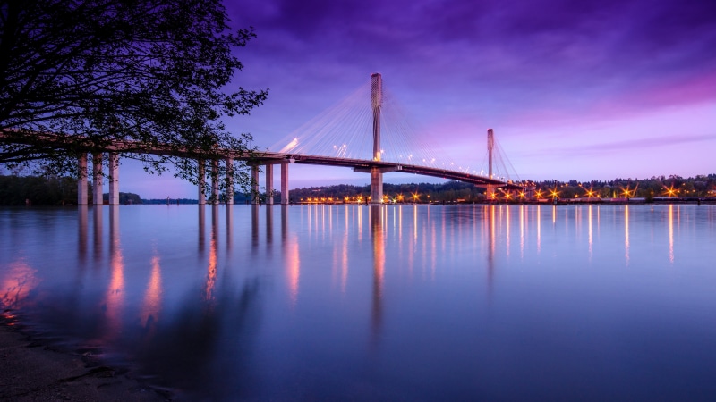 lighted, Landscape, landscape photography, Highway 1, beside, urban Scene, 4K, reflection, Nikon  D7000, Long Exposure, over water, suspension, Port Mann Bridge