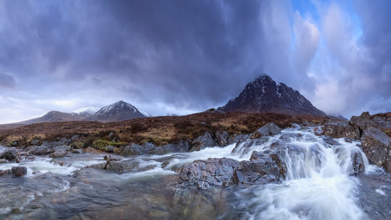 tranquility, cold temperature, glencoe, environment, etive, beauty in nature, m, flowing water, power in nature, buachaille, r, sky, outdoors, winter, mountain range
