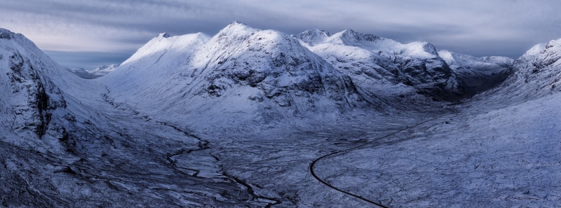 Beautiful, Buachaille Etive Beag, cold temperature, no people, Winter, snowcapped mountain, 8K, mountain peak, Nature, land, Road, covered, mountain range