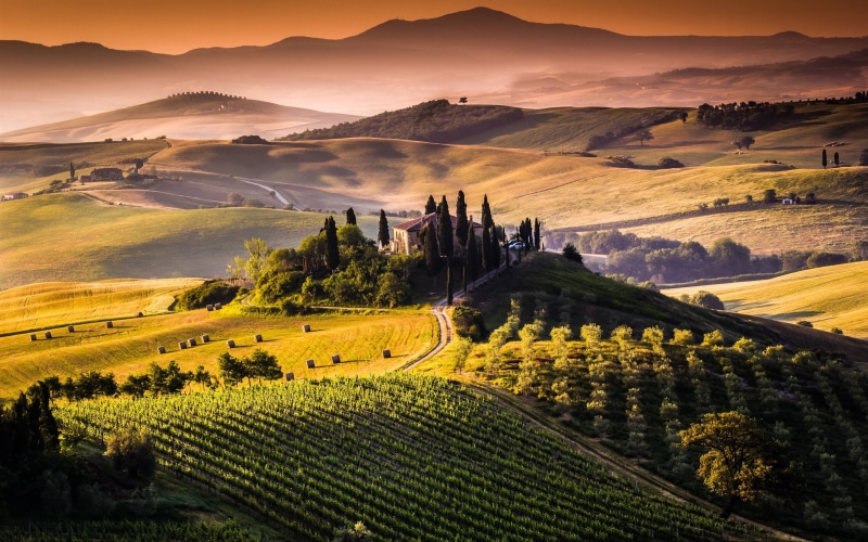 2K, Italy, Hills, Fields, Sunrise, Morning, Trees, Tuscany