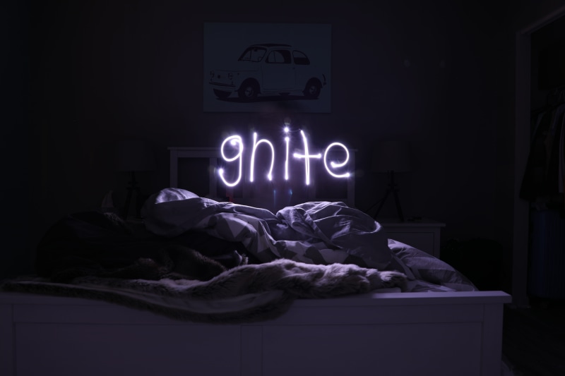 5K, black and white, domestic room, insomnia, no people, furniture, illuminated, bed, glowing, note, gnight, good night, lying down, long exposure, education