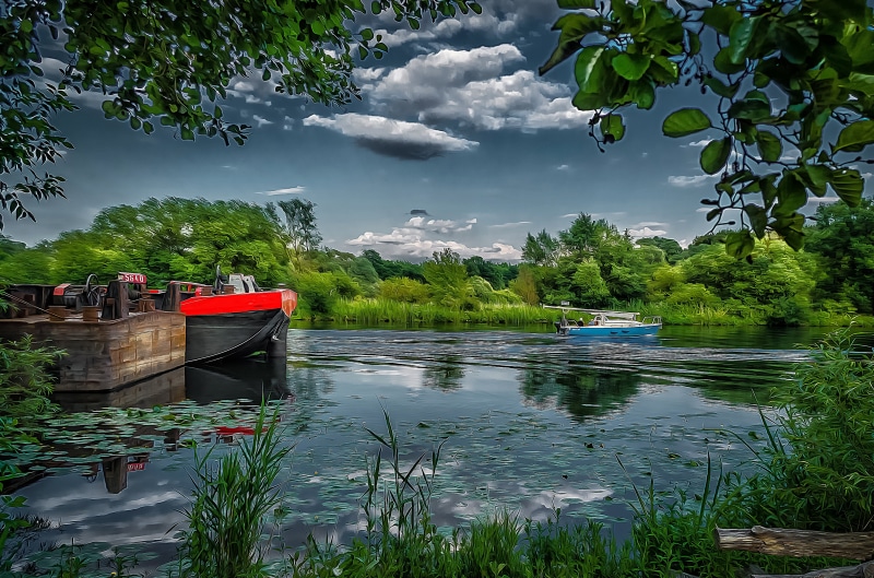 no people, hennigsdorf, scenics - nature, digital art, reflection, outlook, background image, 4K, nature, landscape, boar, ship, sky, tranquil scene, day