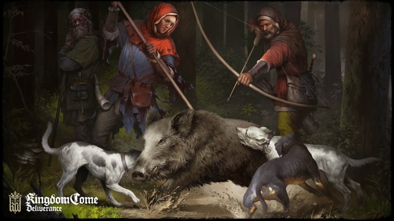 Wild Boar, archer, dog, Kingdom Come: Deliverance, knight, bow and arrow, hunt, forest, artwork, 720P, hunter