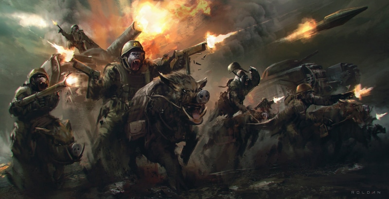 Juan Pablo Roldan, Military Uniform, pigs, concept art, gorillas, drawing, 2D, war, apocalyptic, apes, 1080P, digital painting, tank, soldier, boars, digital art