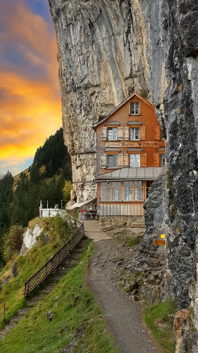 land, wood - material, hotel, sky, swiss, tree, cliff, nature, 2K, built structure, plant, orange color, building, wooden house, ebenalp, house, day, outdoors