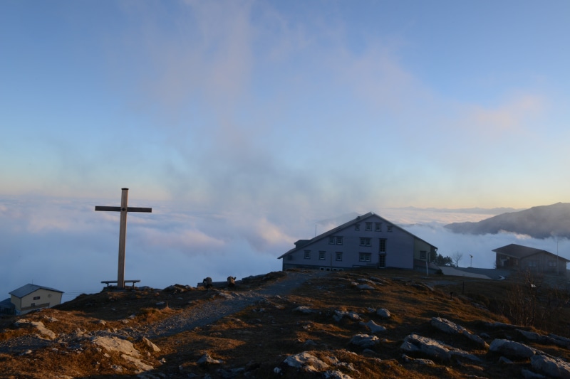 outdoors, cross, day, built structure, architecture, cloud - sky, nature, snow, ebenalp, building, residential district, mountains, hiking, 5K, fog, belief