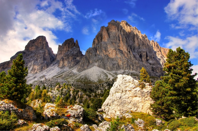 alpine, view, white, sky, italy, alpine panorama, rock - object, alm, great, brown, clouds, mountain peak, south tyrol, tree, 2K, plant, dolomites, no people
