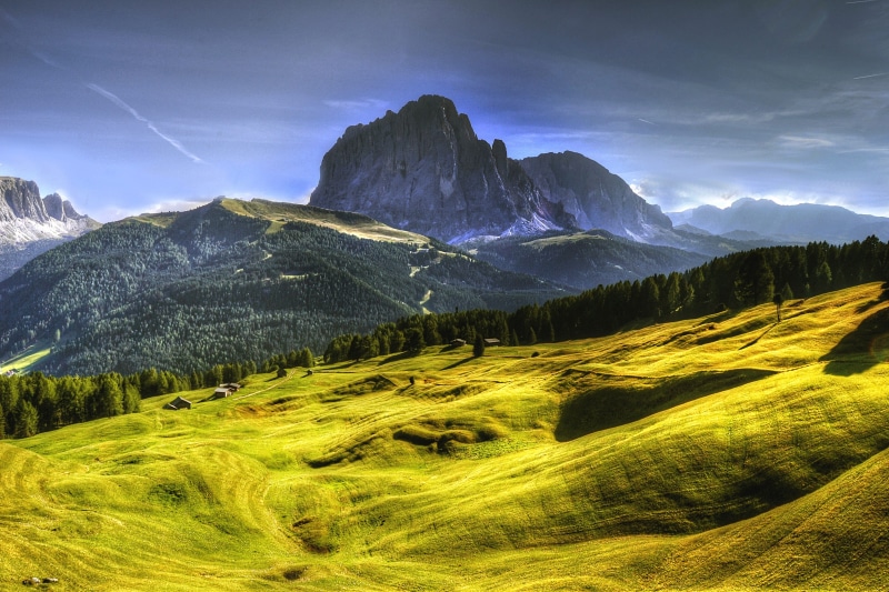 field, trees, grass, cloud - Sky, nature, val gardena, rock - Object, non-Urban Scene, landscapes, idyllic, Away, clouds, snowcapped mountain, beauty In Nature