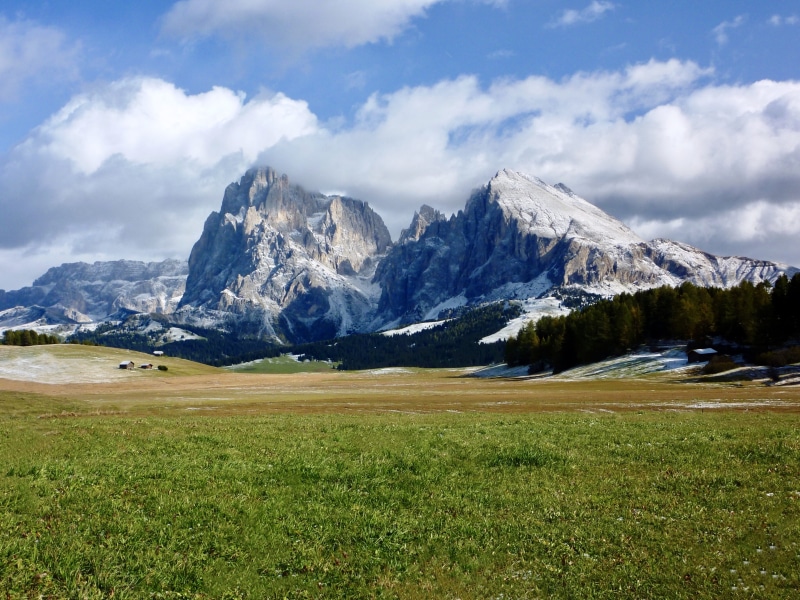autumn, mountain, plattkofel, snow, cloud - sky, panorama, plant, val gardena, view, snowcapped mountain, grass, sassolungo, environment, landscape, nature