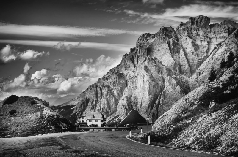 rock, Dolomites, summit, alpine, landscape, road, transportation, impressive, black and white, no people, photo classic, tranquility, day, formation, nature