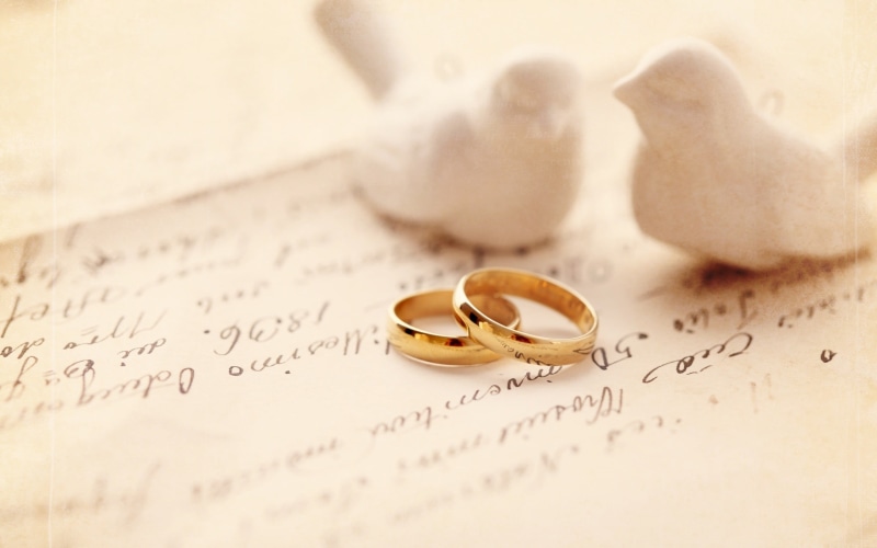 jewelry, Love, celebration, gold, still life, wedding vows, togetherness, two objects, emotion, rings, close-up, indoors, ring, wedding ring, event, birds