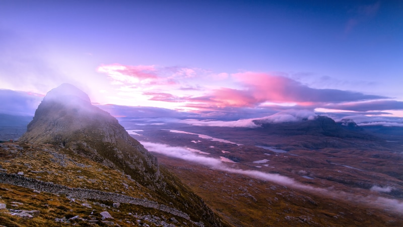 sky, Highland, mountain, outdoors, clouds, 5K, fog, sunset, LOCH, Sunrise, sunrise - Dawn, rock - Object, scotland, ancient, Landscape, lands, cloud - Sky