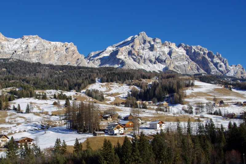 sky, outdoors, building exterior, winter, snowcapped mountain, Badia, Trentino Alto Adige, scenics - nature, val badia, coniferous tree, architecture, building