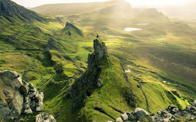 leisure activity, tranquil scene, landscape, non-urban scene, europe, sunlight, scenics - nature, environment, land, quiraing, 2K, green color, isle, idyllic