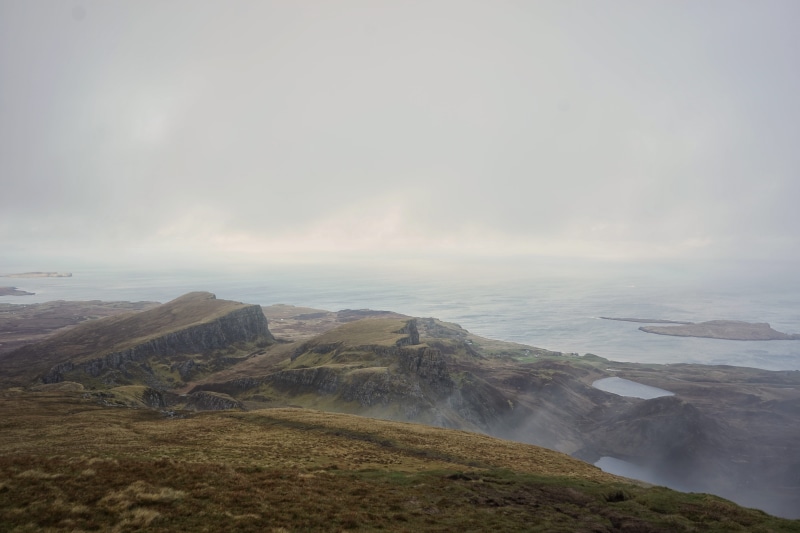 high angle view, environment, plant, skye, scenics - nature, outdoors, day, cloud - sky, united kingdom, the quiraing, solitude, adventure, portree, sky