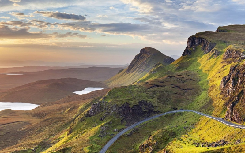 green, cloud - sky, travel destinations, mountain, environment, rock formation, quiraing, dramatic landscape, uk, landscape, rock - object, windows, tranquil scene