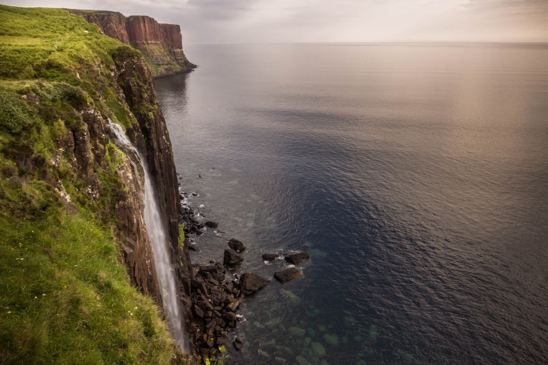 sea, coastline, waterfalls, water, no people, scenics, land, cliff, scotland, landscape, nature, rock, waterfall, 5K, rock - Object, beach, day, united kingdom
