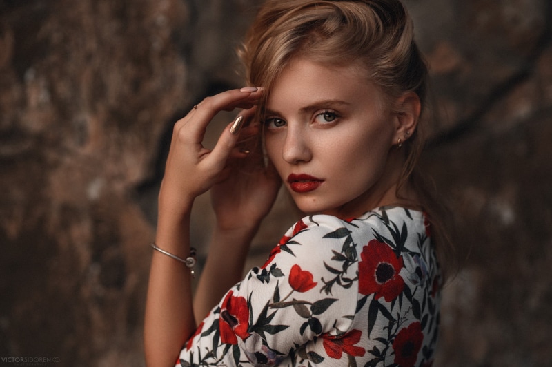 long hair, 1080P, portrait, one person, face, model, hair, Victor Sidorenko, floral pattern, painted nails, blonde, beautiful woman, beautiful people