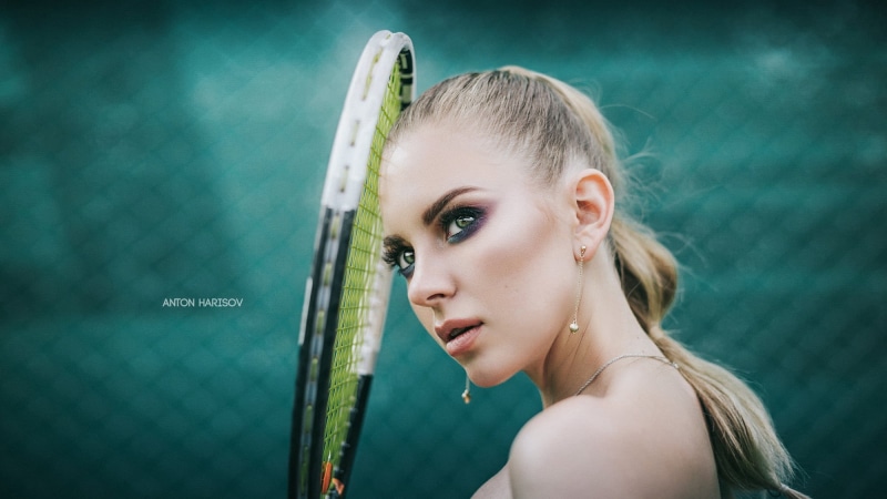 Anton Harisov, 1080P, looking away, blonde, tennis rackets, women, women outdoors, sneakers, bare shoulders, portrait, Katrin Sarkazi