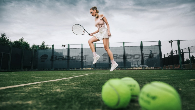 balls, racket, Katrin Sarkozy, skirt, jump, Anton Kharisov, 1080P, tennis