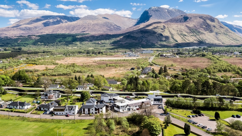 drone, landscape, 2K, nature, built structure, non-urban scene, aerial, scenics - nature, no people, beauty in nature, house, sky, high angle view, ben nevis