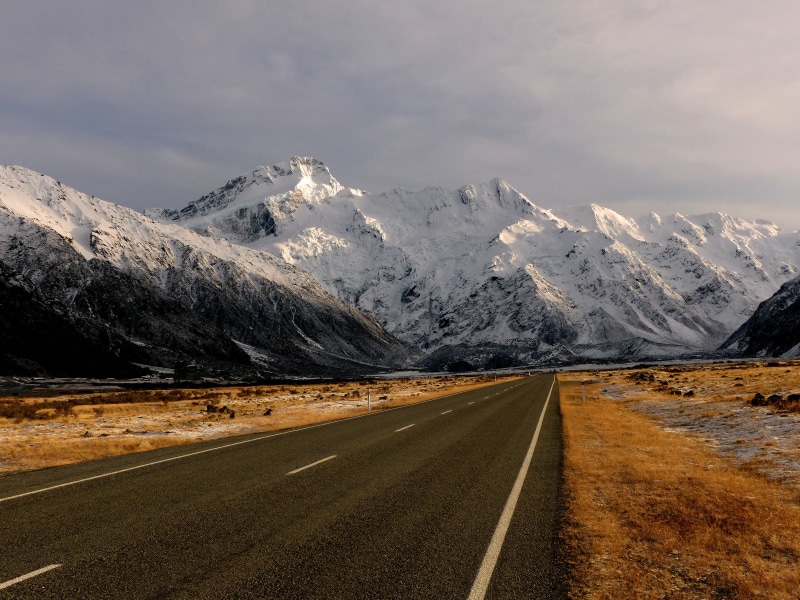 rocky mountain, sefton, gray, mountain, Mount cook national park, 1080P, Snow  Mountains, road, Sefton. New Zealand, nature, scenics, mount sefton, black and white