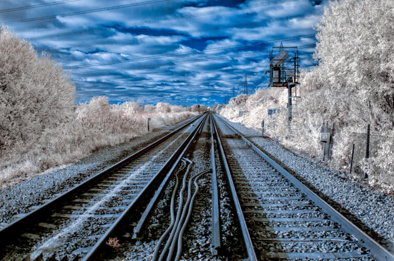 4K, transportation, blue, Cloudscape, Infrared, Clouds, cloudy, photo, Train, day, Railroad, Railway  Tracks, IR, travel, Level Crossing, architectural