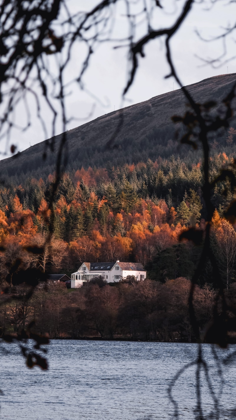 landscape, tranquility, plant, sky, nautical vessel, nature, loch venachar, branch, house, mountain, 4K, near, lake, tranquil scene, scenics - nature