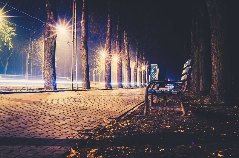 park bench, park, bench, street light, contours, light, direction, transportation, no people, night, pavement, street, nature, building exterior, 4K, illuminated