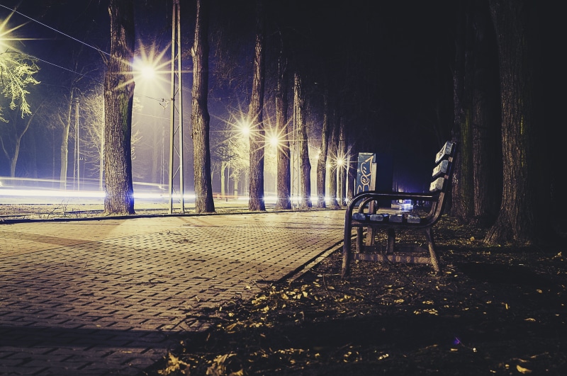 transportation, bench, city, light, trees, building exterior, the way forward, sidewalk, footpath, street lights, glowing, nature, 4K, street, no people